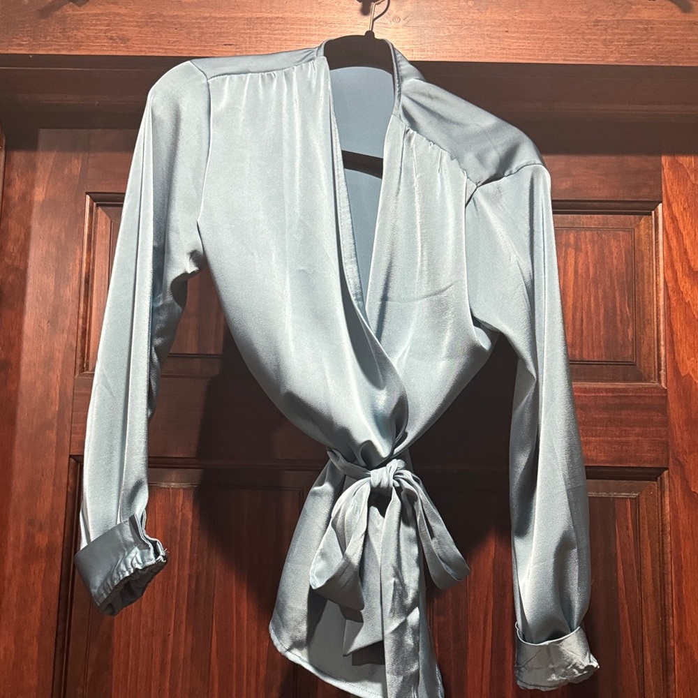 SHEIN Satin Wrap Top in Light Blue